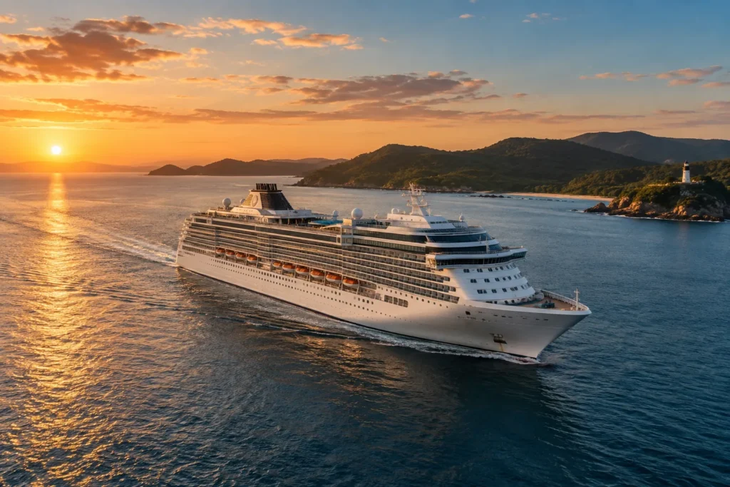 Navio de cruzeiro navegando em mar aberto ao pôr do sol, com a costa catarinense e um farol ao fundo