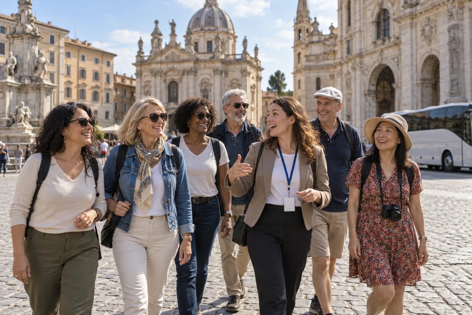Grupo de viajantes sorrindo com uma guia em uma praça histórica europeia, com ônibus de turismo ao fundo