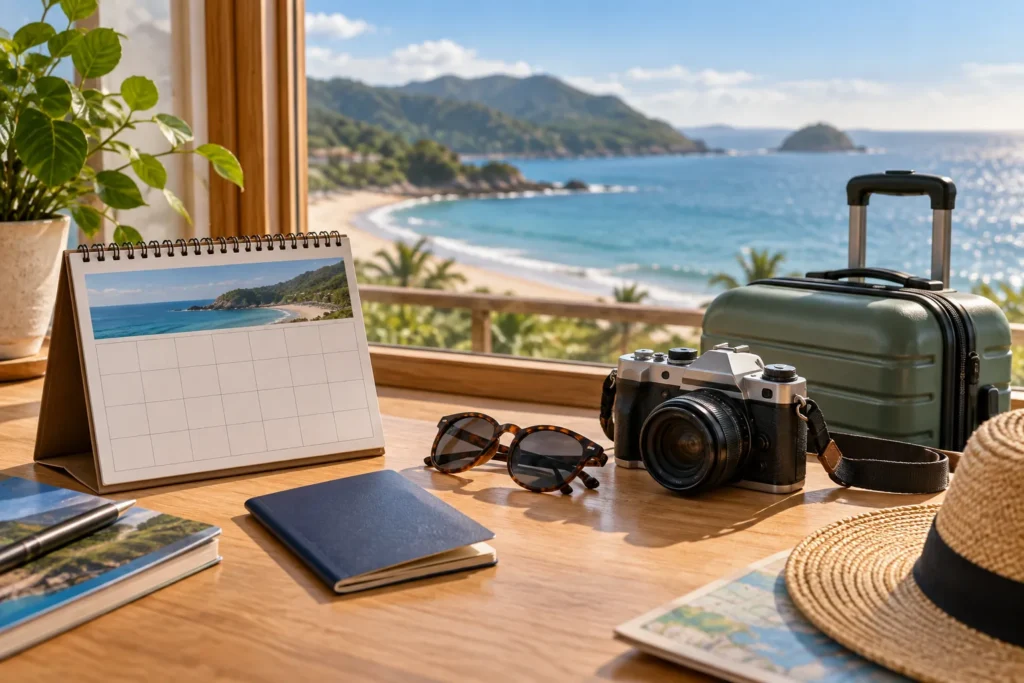 Calendário de mesa, passaporte, câmera, óculos de sol e mala de viagem sobre uma mesa com vista para a praia