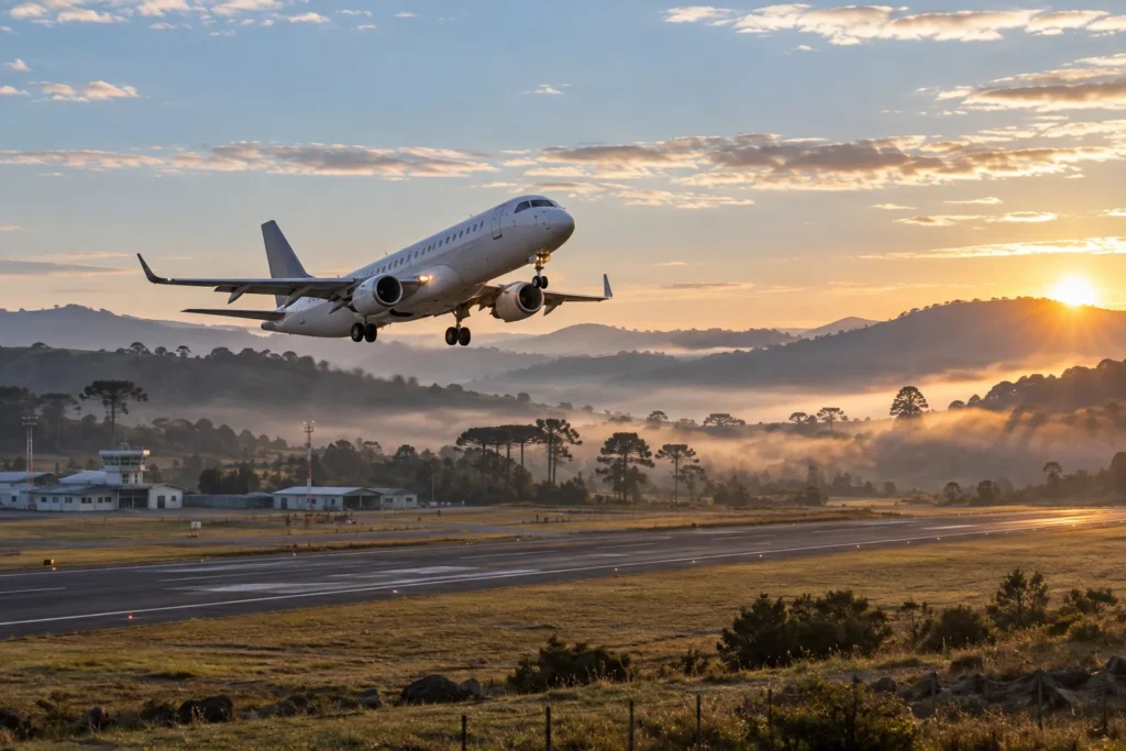 Avião comercial decolando de aeroporto da Serra Catarinense ao amanhecer, com araucárias e névoa nas colinas